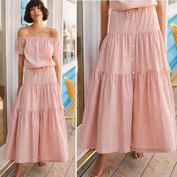 Anthropologie x Frye Elspeth Pink Floral Full Tiered Button Front Maxi Skirt XL - Picture 3 of 15